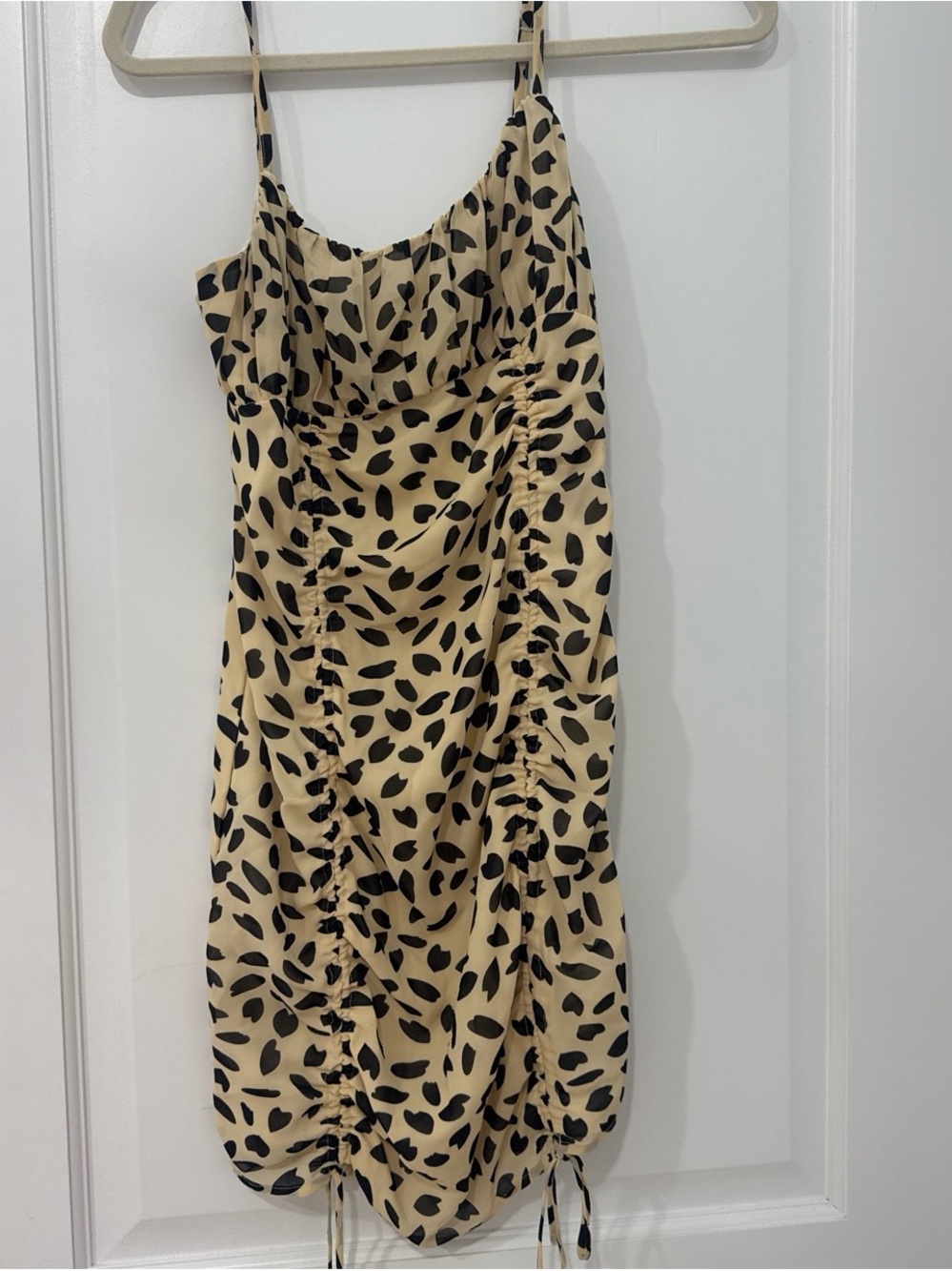 Beige and Black Ruched Spaghetti-Strip Slip Mini Dress